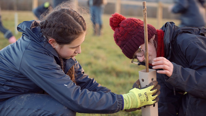 Two young people planting a sapling tree on a farm.